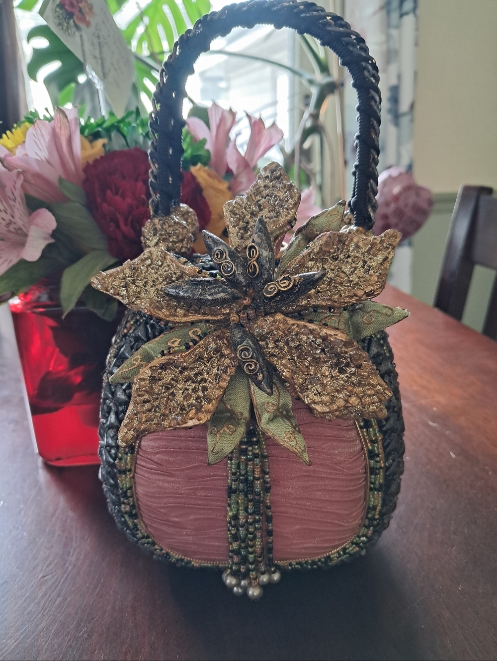 Mary Frances Pink and Gold Beaded Floral Wristlet